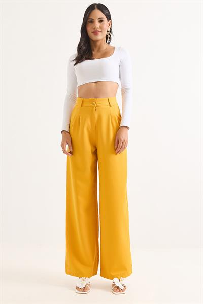 Yüksek Bel Bol Paça Pantalon Sarı