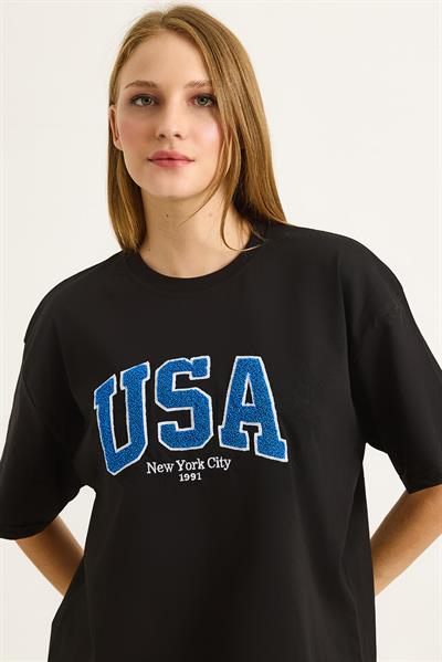 Nakışlı Bisiklet Yaka  Kadın Tshirt Siyah