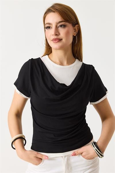 Kadın Drapeli İki Renkli Kısa Kollu  Tshirt Siyah