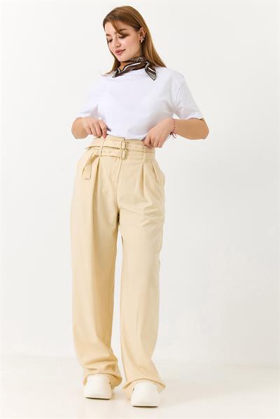 Kadın Çift Kemerli Salaş Kesim Bol Paça Pantolon Bej 