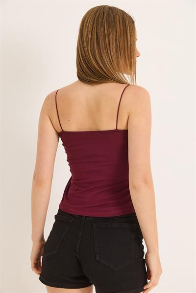 İp Askılı Uzun Crop Bluz Bordo