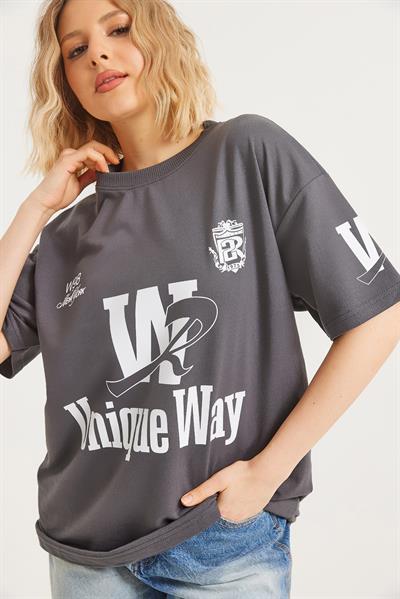 Bisiklet Yaka Baskılı Tshirt Füme