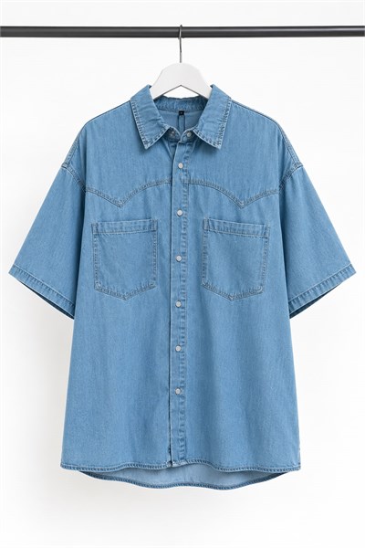 Kadın Oversize Cepli Çıt Çıt Düğmeli Denim Gömlek Mavi