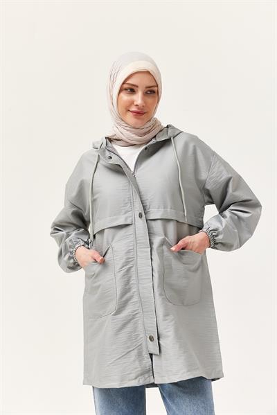 Çıtçıtlı Kapüşonlu Yağmurluk Gri