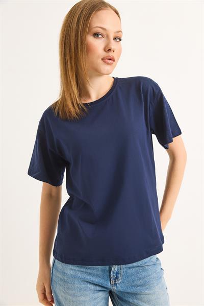 Bisiklet Yaka Kısa Kollu Fit Tshirt İndigo