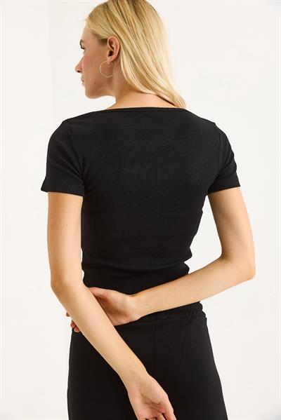 Fitilli Kare Yaka Kısa Kollu Siyah Bluz