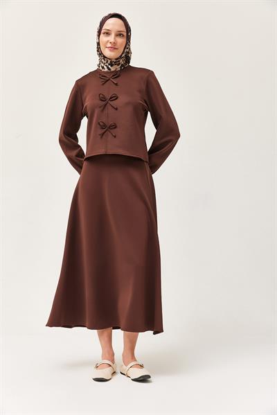 Önü Fiyonklu Etekli Scuba İkili Takım Kahverengi