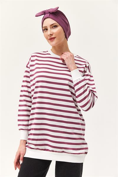 Çizgili Oversize Tunik Gül Kurusu