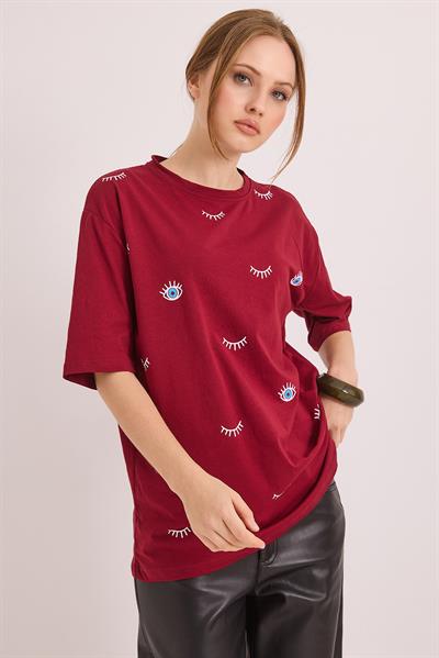 Göz Baskılı Oversize Pamuk Süprem Tshirt Bordo