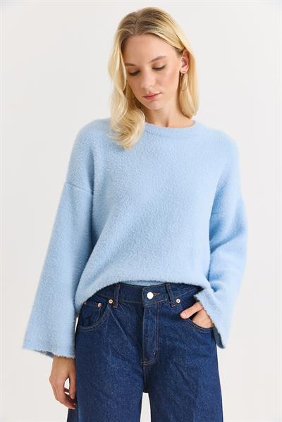 Kadın Bisiklet Yaka Oversize Yumuşak Tüylü Mavi