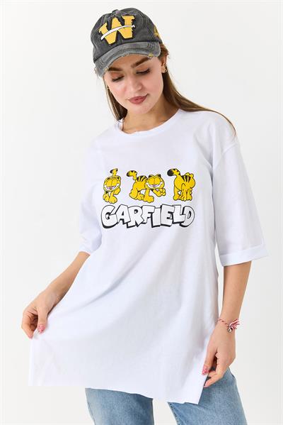 Kadın Garfield Baskılı Yanları Yırtmaçlı Bisiklet Yaka Tshirt Beyaz