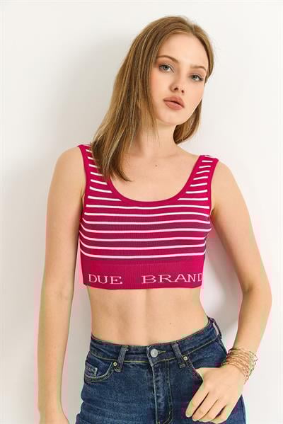 Çizgi Desenli Geniş Yaka Crop Triko Bluz Vişne