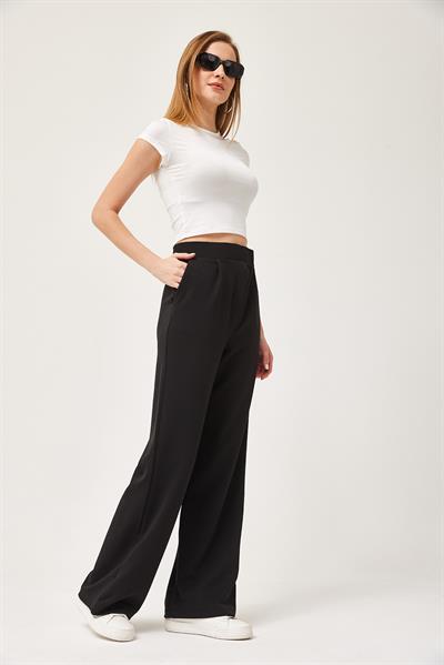Beli Cırtlı Rahat Palazzo Pantolon Siyah