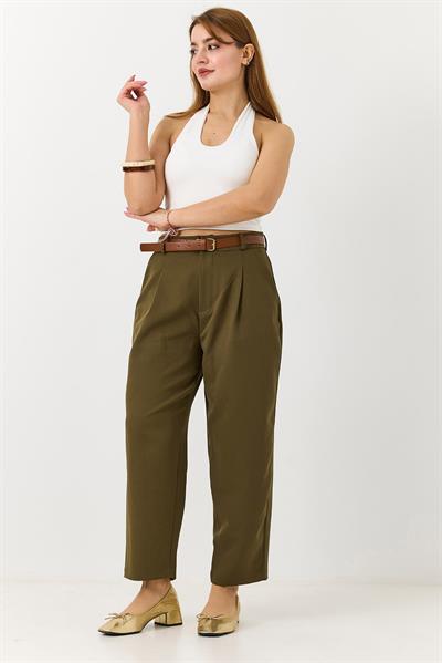 Kadın Kemerli Cepli Mom Kumaş Pantolon Haki