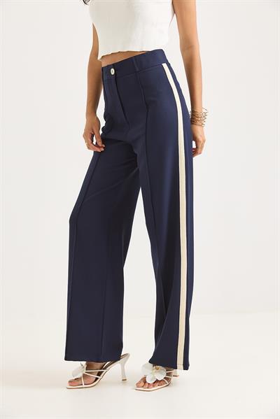Yanları Şeritli Yüksek Bel Bol Paça Pantolon Lacivert