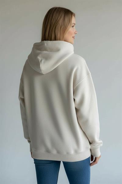 Kadın Kapüşonlu 3 İplik Şardonlu Krem Sweatshirt