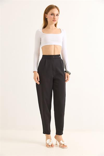 Havuç Model Çift Düğmeli Palazzo Pantolon Siyah