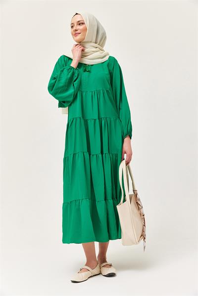 Yakası İpli Kat Model Elbise Yeşil
