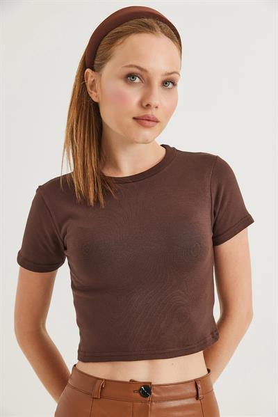 Bisiklet Yaka Esnek Crop Bluz Kahverengi