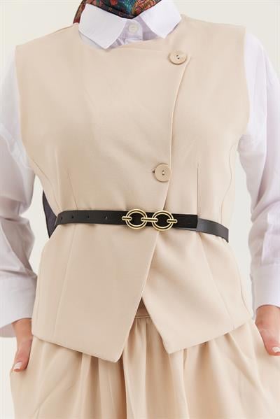 Kemer Detaylı Etekli İkili Takım Krem