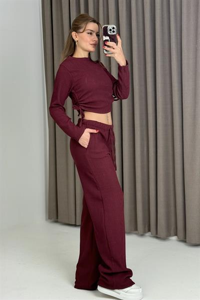 Kadın Yandan Bağlama Detaylı Aerobin Kumaş Bordo Takım