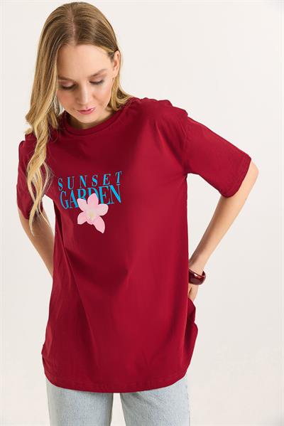 Ön Arka Baskılı Bisiklet Yaka Tshirt Bordo