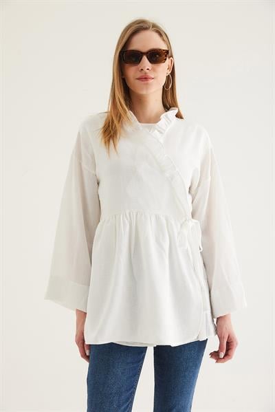 Yandan Bağlamalı Yakası Fırfırlı Kimono Beyaz