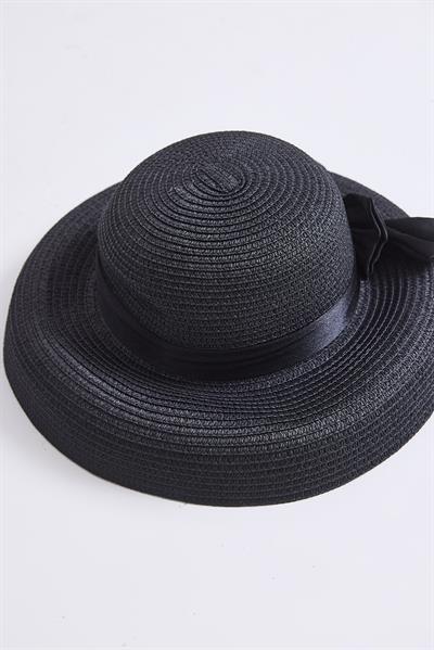 Fiyonk Detaylı Kadın Hasır Plaj Havuz Şapkası Siyah