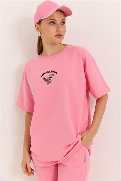 Duck Nakışlı Oversize İki İplik Tshirt Pembe