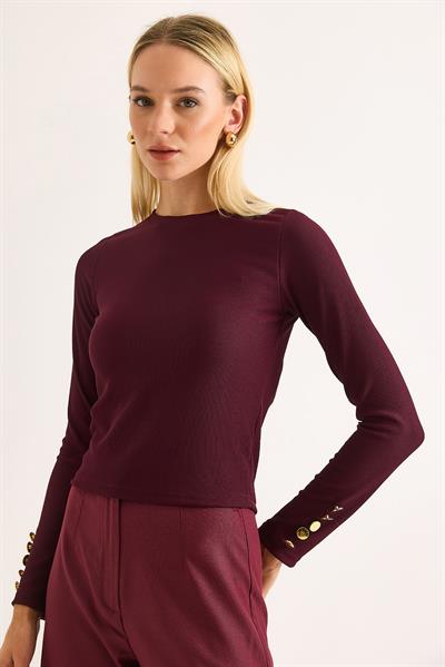 Kadın Kolları Düğme Detaylı Şık  Bluz Bordo
