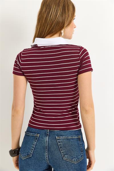 Polo Yaka Çizgi Desenli Kadın Tshirt Bordo