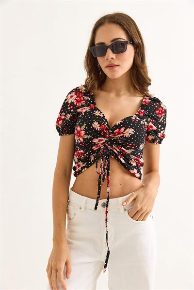 Desenli Prenses Kol Önden Büzgülü Bluz Siyah