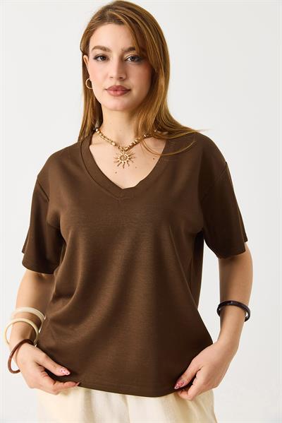Kadın V Yaka Modal Kısa Kollu Tshirt  Kahverengi