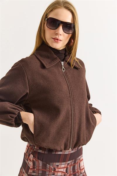 Kahverengi Fermuarlı Cepli Polo Yaka Kaşe Bomber Mont