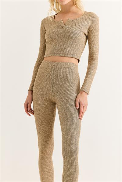 Kadın Esnek Tayt Crop Takım Vizon