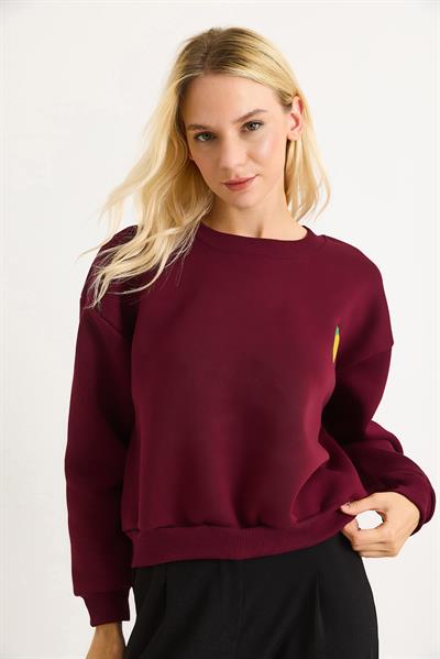 Limon Nakışlı Üç İplik Swetshirt Bordo