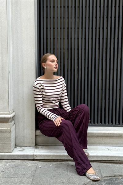 Geniş Paça Pileli Belden Bağlamalı Pantlon Mürdüm