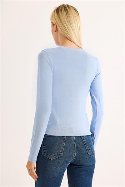 Kadın Parmak Geçirmeli Uzun Kollu Düz BLuz Mavi
