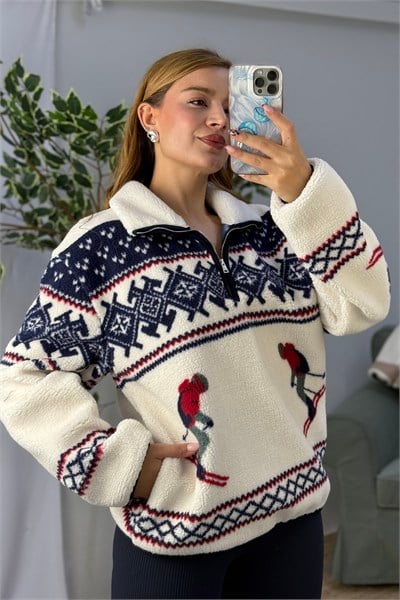 Kadın Desenli Dik Yaka Yarım Fermuarlı Polar Swearshirt Lacivert