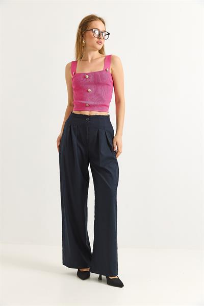 Bel Detaylı Pileli  Bol Kumaş Pantolon Lacivert