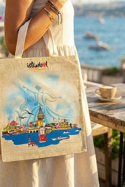 Kadın Manzaralı İstanbul Yazı Baskılı 40X32 Ölçülü Bez Omuz Çantası Turkuaz