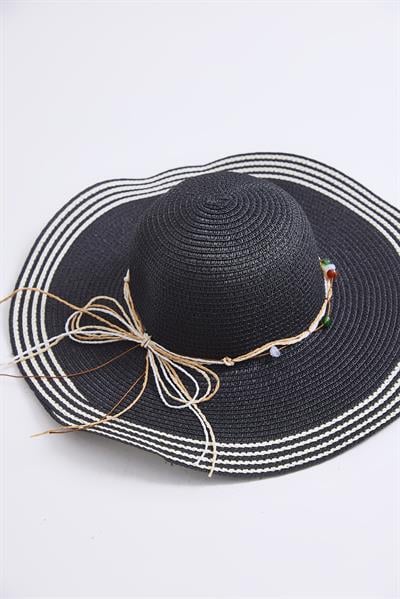 Fiyonk Detaylı Çizgili Hasır Plaj Havuz Şapkası Siyah
