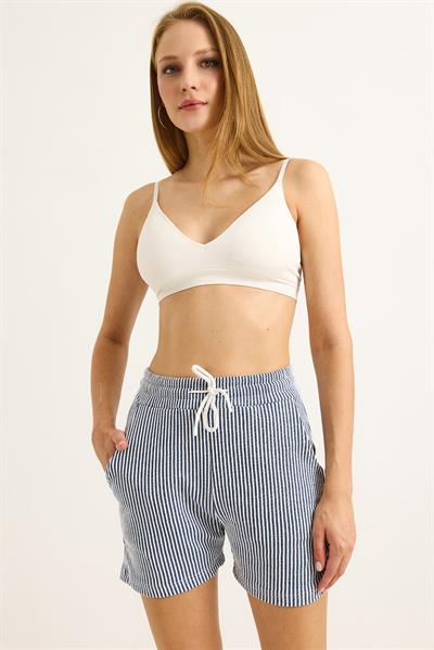 Çizgi Desenli Belden Bağlamalı Kadın Şort Lacivert