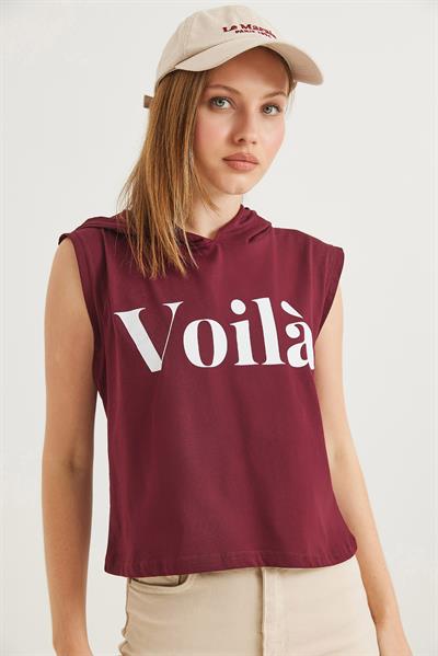 Kapüşonlu Sıfır Kol Baskılı Tshirt Bordo