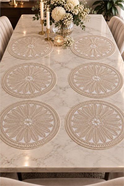 Yuvalar Desenli Motifli 7 Parça Runner Set Bej