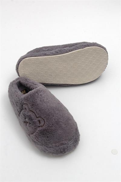 Peluş Ayıcıklı Önü Kapalı Ev Terliği Gri