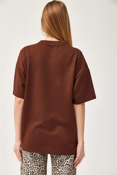 Basic Bisiklet Yaka Tshirt Kahverengi
