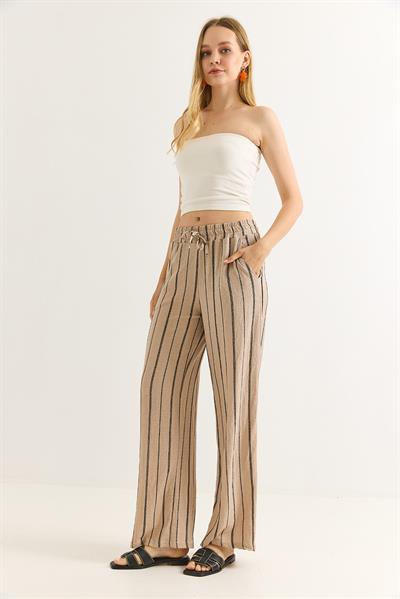 Bürümcük Çizgili Rahat Kesim Pantalon Vizon