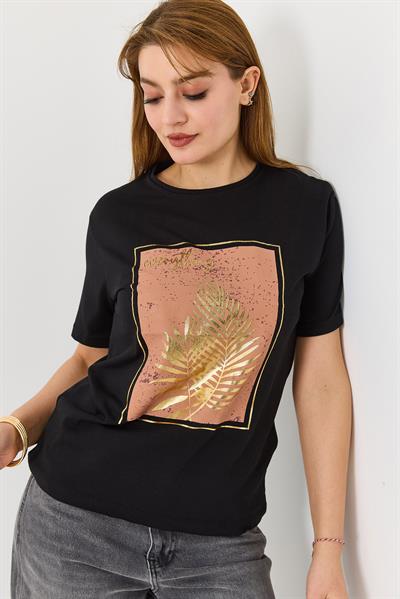 Kadın Palmiye Parlak Baskılı Siyah Tshirt