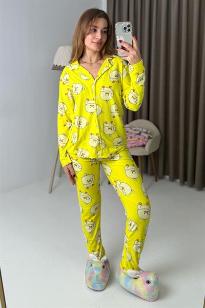 Sarı Civciv Desenli Düğmeli Polo Yaka Pamuklu Pijama Takımı